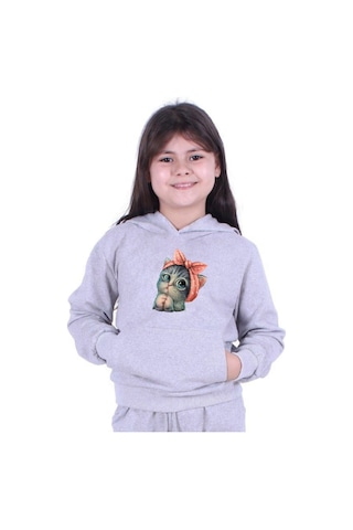 Fyk Kids Kapüşonlu Kedi Baskılı Sweatshirt Gri