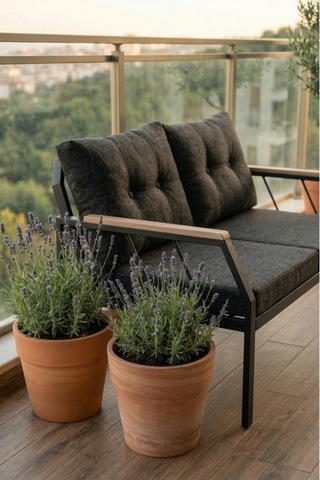 Familieconcept Metal Bahçe Balkon Oturma Grubu 2+1+1 Set - Ahşap Kollu Lüks Teras Çay Seti - Antrasit Gri