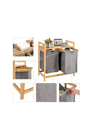 Bambu Ayaklı Çamaşır Sepeti 2 Bölmeli 64 X 33 X 73 Cm - Demonte Bambu