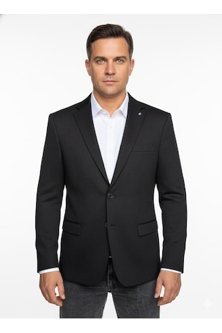 Plus Scorpion Erkek Bej Slim Fit Blazer Ceket Çizgili Dokulu Kumaş Çift Düğmeli Siyah
