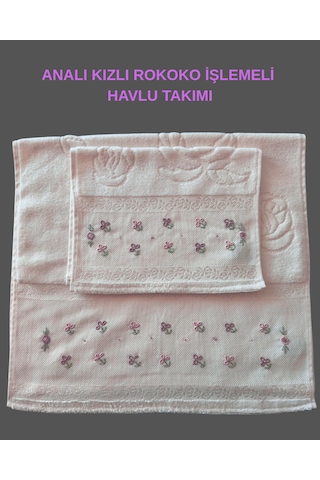 Analı Kızlı Rokoko İşlemeli Havlu Takımı Beyaz / Renkli