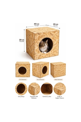 Reyo 40x30x30 cm Kedi Evi Ahşap Kedi Yuvası, Sokak Kedileri için Barınak CAT05