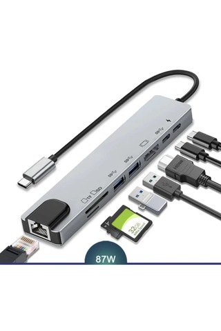 Usb C Hub 8 In 1 Tip C 3.1 Ila 4k Hdmı Adaptörü İle Rj45 Sd/tf Ka