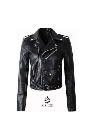 Kadınlar İçin Eğik Fermuarlı Günlük Kısa Deri Ceket Siyah