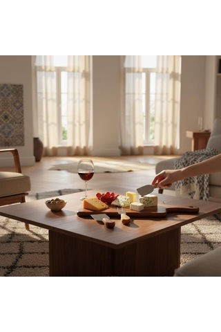 Haus 4 Parça Akasya Ahşap Peynir Sunum Seti Ve Bıçak Takımı - 29x18 Cm Şarküteri Ve İkramlık Tahtası - Paslan Çok Renkli