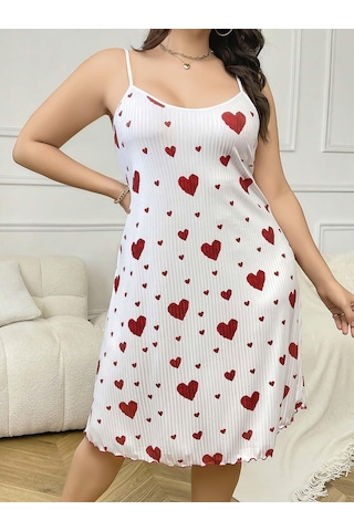Arias Closet Büyük Beden Kalp Desen Pamuklu İnce Askılı Uzun Gecelik Beyaz