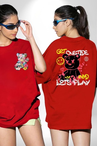 Dışarı Çık Ve Oynayalım Teddy Kırmızı Oversize Unisex Ön Ve Sırt Baskılı Tişört Kırmızı