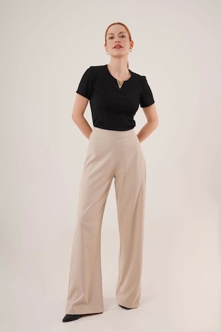 Defymoda Bol Paça Yandan Fermuarlı Krem Kumaş Pantolon Krem