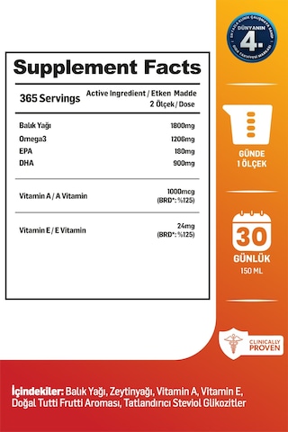 Kiperin Kids Fish Oil Çocuk Özel Yüksek Balık Yağı: 1800, Omega 3:1206mg, Epa:180mg, Dha:900mg 150ml