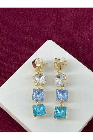 Mavi Tonlarında Üç Kare Şekilli Sallantılı Gold Küpe Gold
