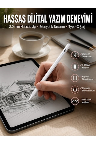 Plentifuldokunmatik Kalem Beyaz Şarjlı Yedek Uçlu Android Ve İos Uyumlu