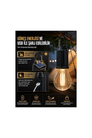 Taşınabilir Askılı Ampul Kamp Lambası,solar Ve Usb Type-c Şarjlı Led Ampul Lamba,su Geçirmez,iç/dış Mekan,kamp,çadır,bahçe,aydınlatma Şeffaf