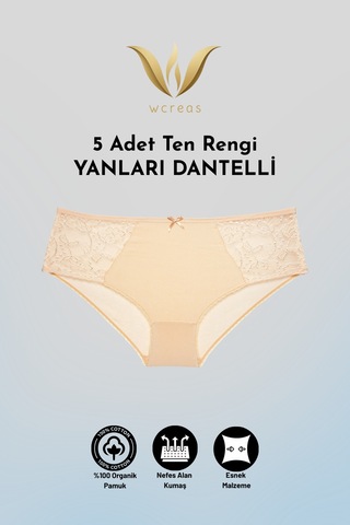 Wcreas Yanları Dantelli Pamuklu Kadın Bato Külot, 5'li Paket Pamuklu Yumuşak Kumaş Dantelli Külot Ten