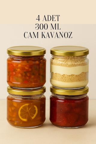 Rotanev Metal Gold Altın Konserve Kapaklı Magnolya ve Gıda Saklama 300 cc Şeffaf Cam Kavanoz  4 Adet 300 ml
