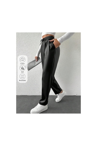 Kene Jeans Kadın Siyah Beli İpli Deri Jeans Siyah