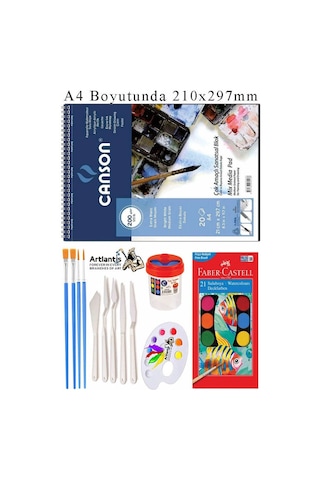 Canson Çok Amaçlı Sanatsal Blok A4 200 Gr 20 Yaprak 1 Adet 21 Renk Sulu Boya Fırça Palet Spatula Fırça Temizleme Kabı
