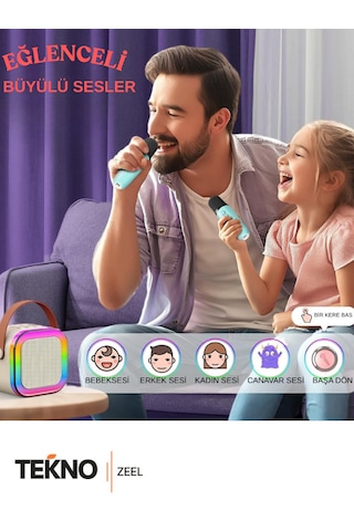 Teknozeel Mikrofonlu Karaoke 5 Ses Efektli Rgb Led Işıklı Bluetooth Kablosuz Hoparlör Ses Bombası Bej Renk