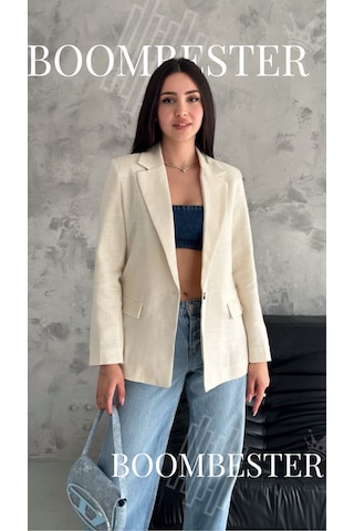 Boombester Kadın Flam Keten Astarlı Blazer Ceket Çizgili Astar Detay Rahat Kalıp İnce Ceket Ekru