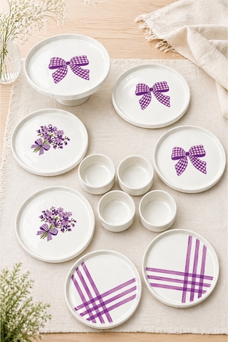 Lila Gift 11 Parça 6 Kişilik Seramik Kahvaltı Takımı & Sunum Seti Lila Desenli Pasta Tabağı Seti Beyaz