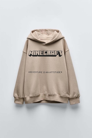 Erkek Çocuk Mınecraft Modelli Pamuk Kapşonlu Sweat Bej
