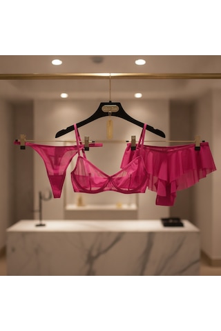 Bonbon Kadın Tül Transparan Balenli Sütyen, Checky Ve String Külotlu 3 Lü Paket Bb2619 Fuşya