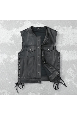 Yanları Deri Ip Bağlamalı Biker Yelek Hakiki Deri