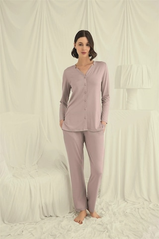 Mega Fair Uzun Kollu Düğmeli V Yaka Pijama Takımı VİZON