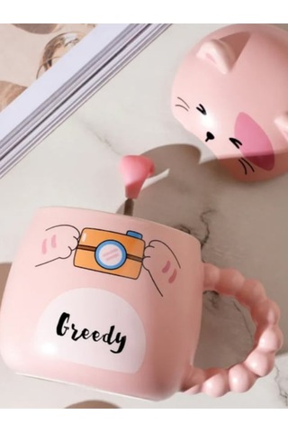 Sevimli Kedi Kapaklı Kaşıklı Seramik Kupa Pembe