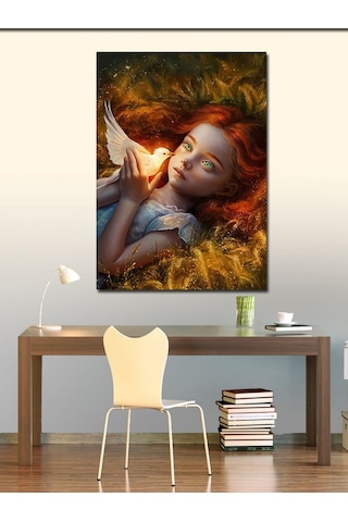 Kanvas Tablo Kızıl Saçlı Kız Ve Beyaz Güvercin 70cmx100cm