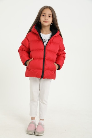 Kız Çocuk Kırmızı İçi Polarlı Kapüşonlu Su Geçirmez Rüzgara Dayanıklı Cepli Şişme Kışlık Mont Kırmızı