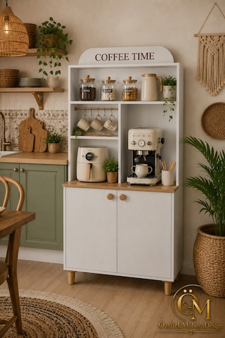 Coffeelina Çok Amaçlı Kahve Köşesi & Modern Mutfak Dolabı Beyaz Meşe Beyaz Meşe
