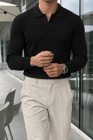 Genius Store Erkek Polo Yaka Kazak Fitilli Anti Pilling Tüylenme Yapmaz Regular Fit Erkek Triko Kazak Pyaka-kzk Siyah