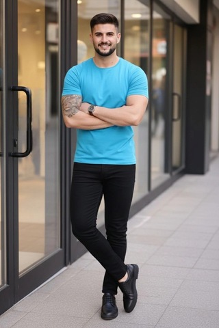 Novalisse Erkek Body Tişört Bisiklet Yaka Slim Fit Likralı T-shirt - Açık Mavi Çoklu Renk