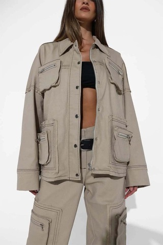 By Dyln Bone Renkli Oversized Mallory Ceket - Fermuarlı Ve Cepli Tasarım Bej