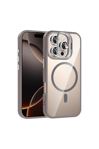 Mobilefix Iphone Uyumlu 16 Pro Max Kılıf Standlı Ve Kamera Lens Hediyeli M-safe Şarj Özellikli Kisamarka Gri