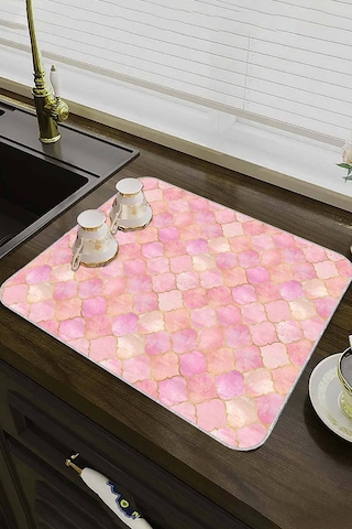 Pembe Fas Desen Microfiber Bulaşık Kurutma Matı Mm003