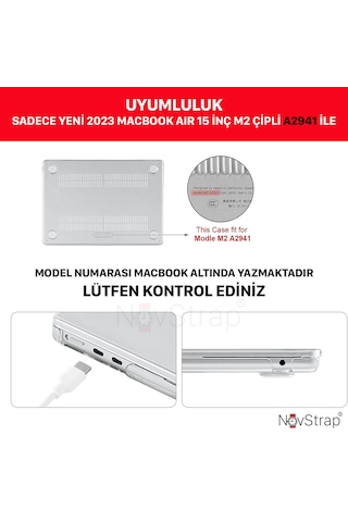 Novstrap Apple Macbook Air 15 İnç A2941 M2 Çip İle Uyumlu Parlak Kılıf + Şeffaf Klavye Kılıfı + Film Pembe
