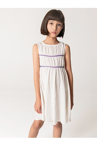 Sheshe Büzgülü Beyaz Kolsuz Kız Çocuk Elbise Renkli