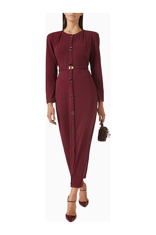 Rowen Rose Belted Cardigan Dress, Lüks Örgü Kumaşlı Kuşaklı Şık Triko Elbise Abiye Bordo 40
