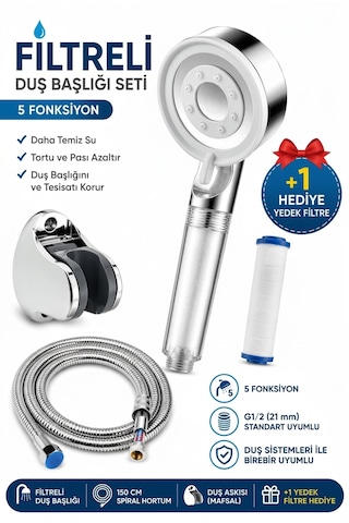 Filtreli Duş Başlığı Seti Duş Başlığı + Hortum + Mafsal + 1 Adet Yedek Filtre Beyaz