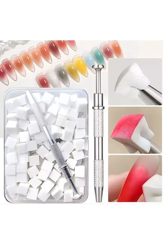 Nail Art Ombre Süngeri 200 Adet Beyaz Sünger + 1 Adet Metal Tutucu Set