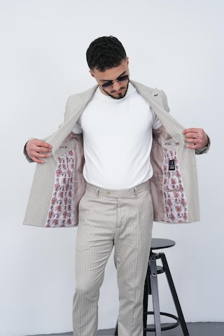 Dupont Classics Dupont Slim Fit Sivri Yaka 6 Drop Çift Yırtmaç Çizgili Viskon Kruvaze Erkek Takım Elbise Açık Gri