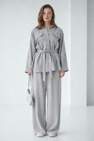 Seeh Gri Uzun Kollu Oversize Kadın Takım Sh338 Standart