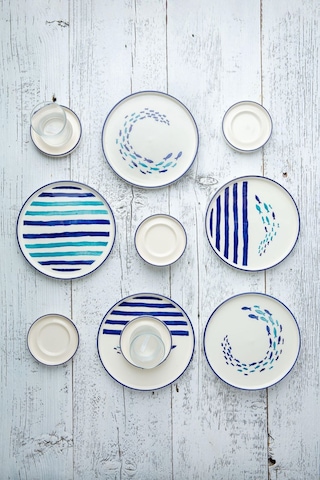 Kevin Seramik 18 Parça Marin Balıklı Stackable Kahvaltı Takımı Beyaz - Mavi