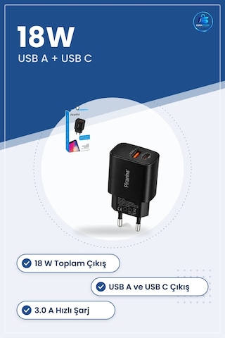 Şarj Aleti 18w 3.0a Hızlı Usb A Ve C Pd Çıkışlı Siyah Ev Tipi Duv