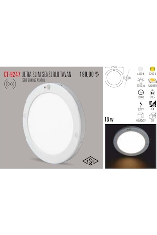 Cata Ct-9247 18W Led Panel Armatür Sensörlü Lamba Sıva Üstü Beyaz