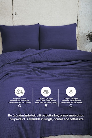 %100 Pamuk Çift Kişilik Müslin Yatak Örtüsü 4 Katlı Yumuşak Battaniye Müslin Pike Takımı 3 Parça Lacivert Lacivert