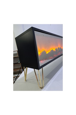 Tv Ünitesi & Sehpası Full Şömineli Siyah 170cm Bluetootlu Ses Sistemi Mdf Gold Metel Ayaklı Siyah Ve Gold Siyah Ve Gold