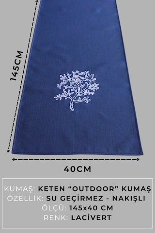 Marin Nakışlı Runner 145x40 Ve 45x45 Kırlent Seti Yosun Desen Su İtici Outdoor Keten Tekne Bahçe Lacivert