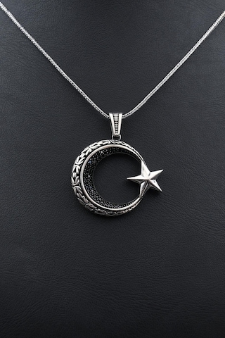 Ay Yıldızlı Ay Yıldız Zirkon Taş Süslemeli Kolye Gümüş Zincir 925 Ayar